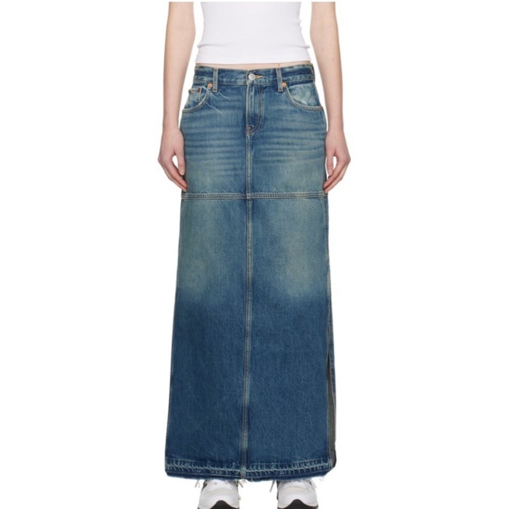 RE/DONE Mid Rise Split Jean Maxi Skirt Women's 23 Herbal Tint Frayed Hem - Picture 2 of 16